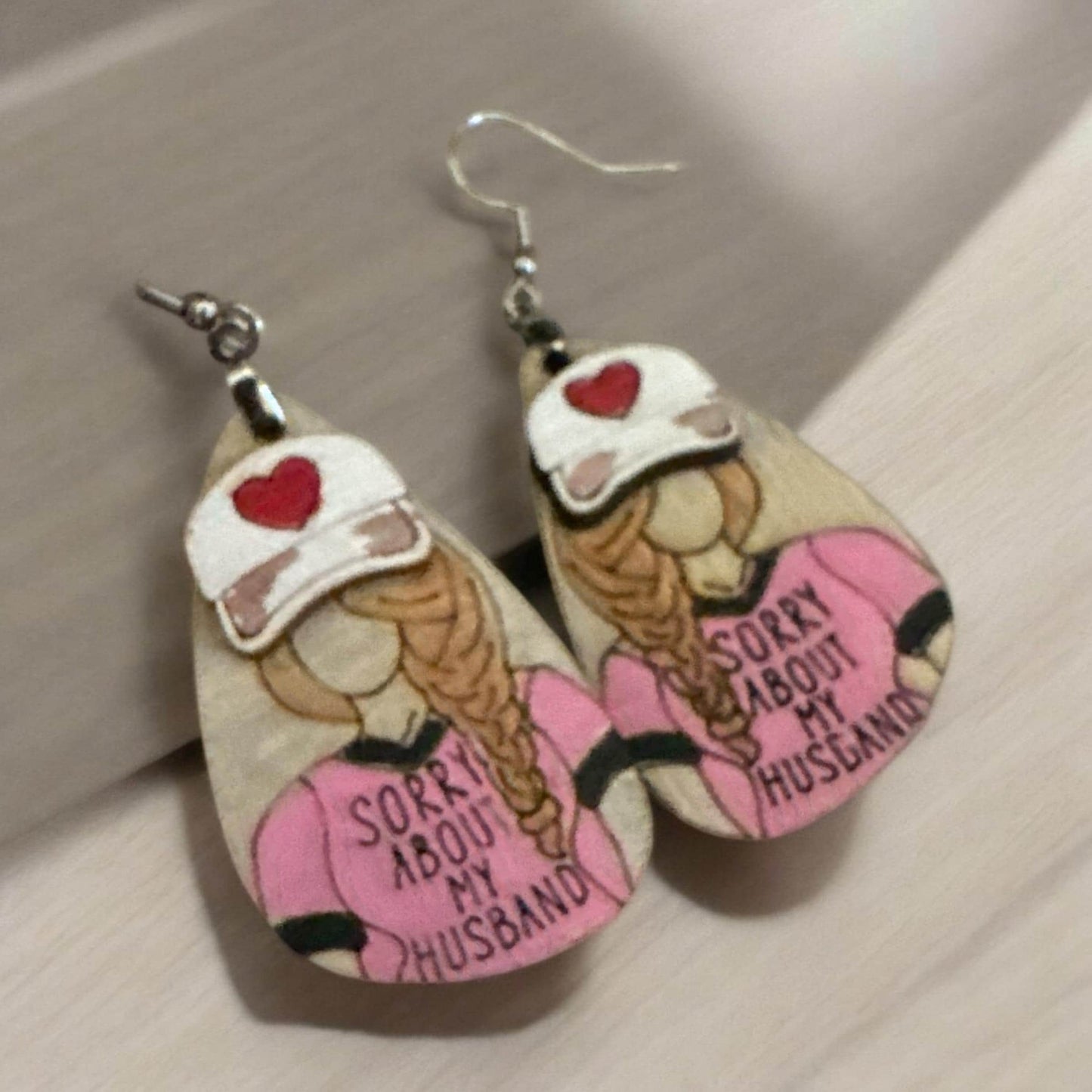 Sorry about my husband, Heart Earrings, fun Design Wood Earrings, Lightweight Wooden Earrings, Wife Humor Jewelry, Unique Handmade Earrings