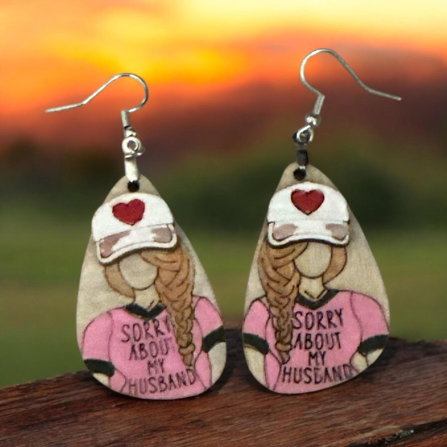 Sorry about my husband, Heart Earrings, fun Design Wood Earrings, Lightweight Wooden Earrings, Wife Humor Jewelry, Unique Handmade Earrings