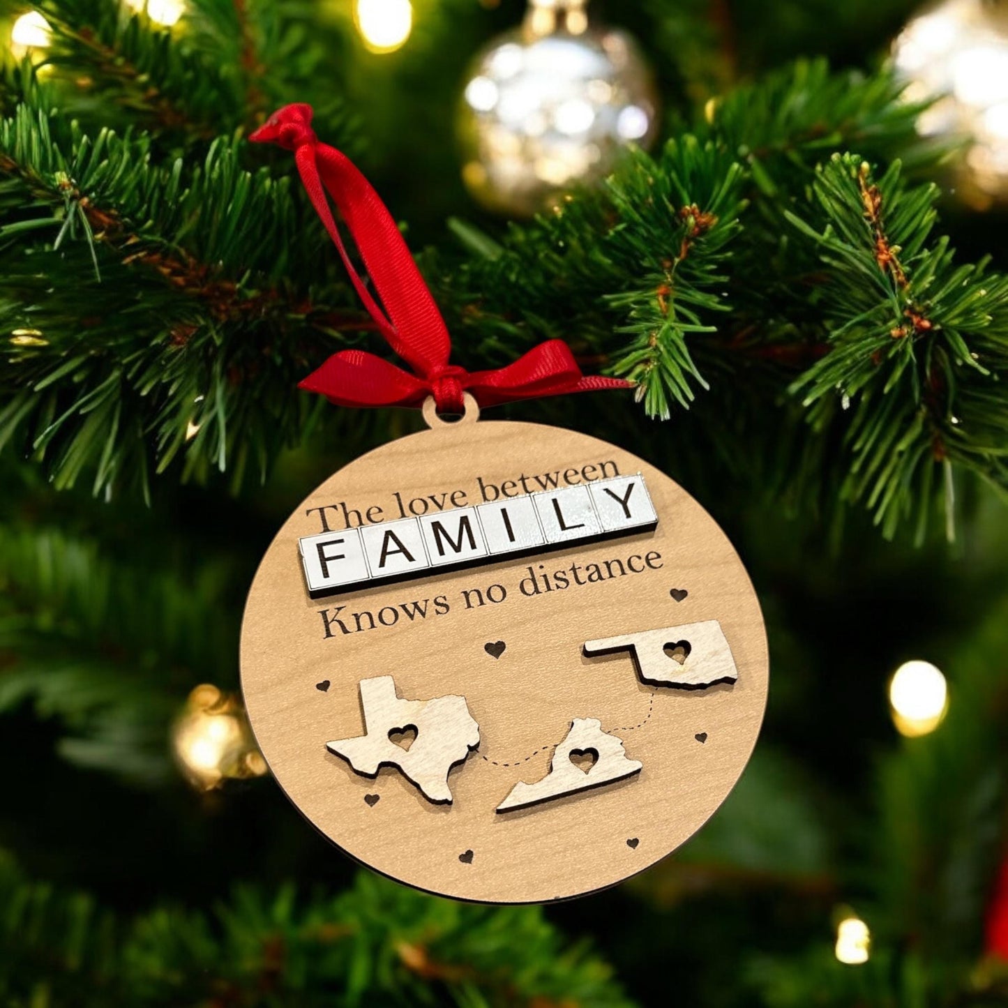 The Love Between Family, Custom State 2-Layered Wooden Family Ornament, Custom State To State Ornament, Long Distance Family Friends