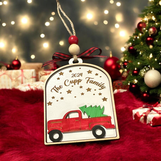 Truck Personalized Ornament, Custom Wooden Ornaments, Red Truck Christmas Decor, Personalized Holiday Decor, Custom Christmas Truck Ornament