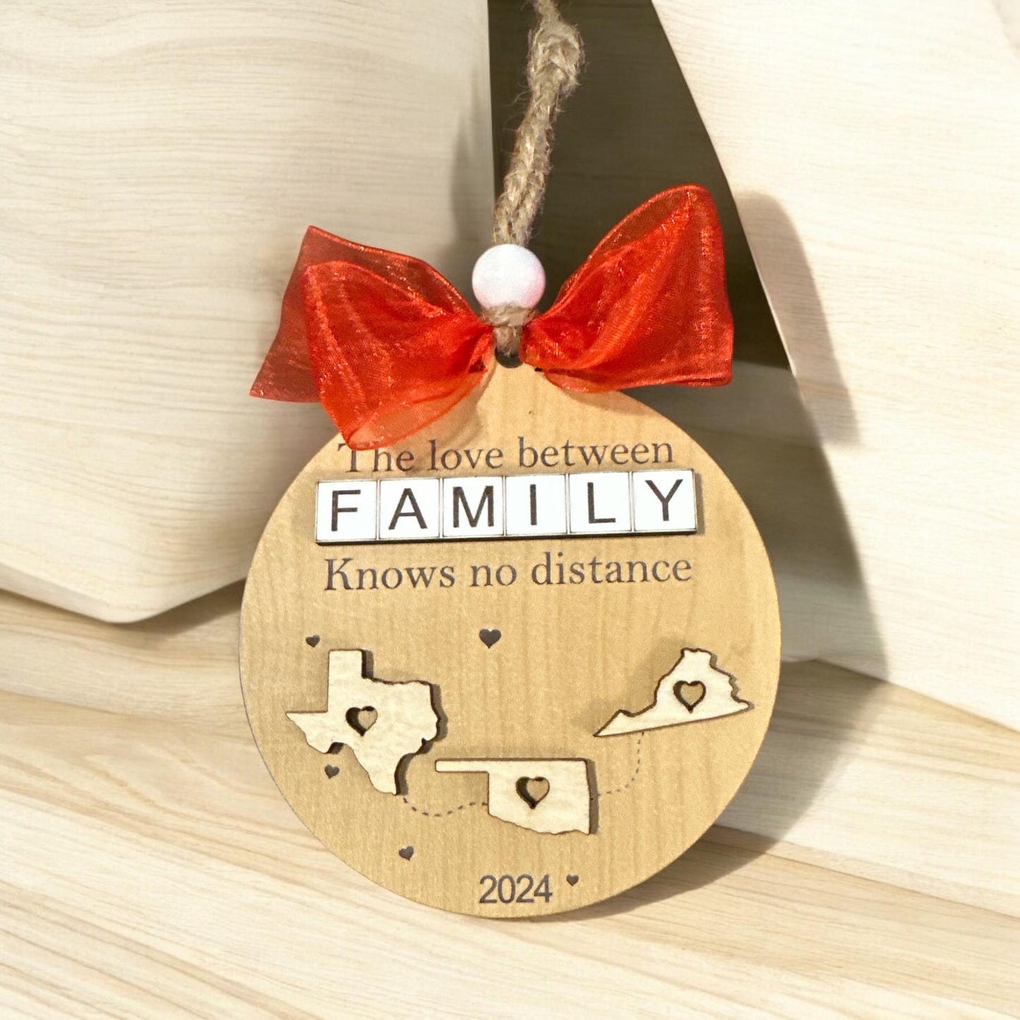 The Love Between Family, Custom State 2-Layered Wooden Family Ornament, Custom State To State Ornament, Long Distance Family Friends