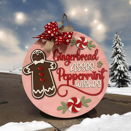 Gingerbread Kisses Peppermint wishes, Doorhanger, Gingerbread, Holiday, Christmas, Gingerbread Sign, DIY, Festive, Door Hanger