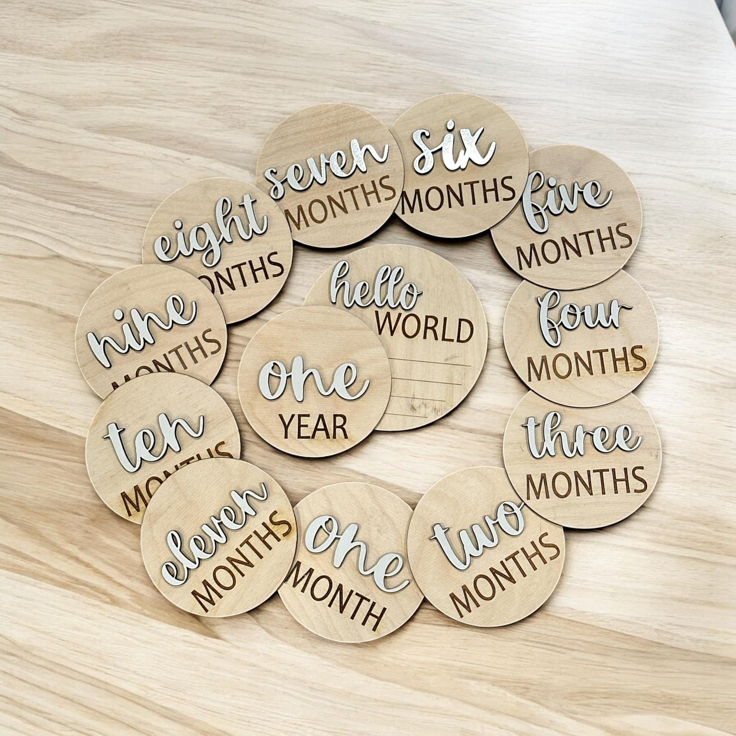 Milestones, Baby Milestones, Monthly Photo Tags, Baby Month Markers, Round Nursery Decor, Custom, Gift, Baby Shower, Hello World