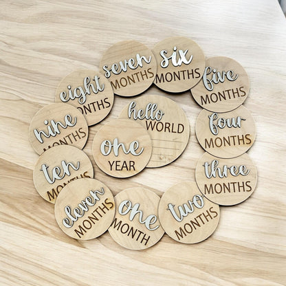 Milestones, Baby Milestones, Monthly Photo Tags, Baby Month Markers, Round Nursery Decor, Custom, Gift, Baby Shower, Hello World