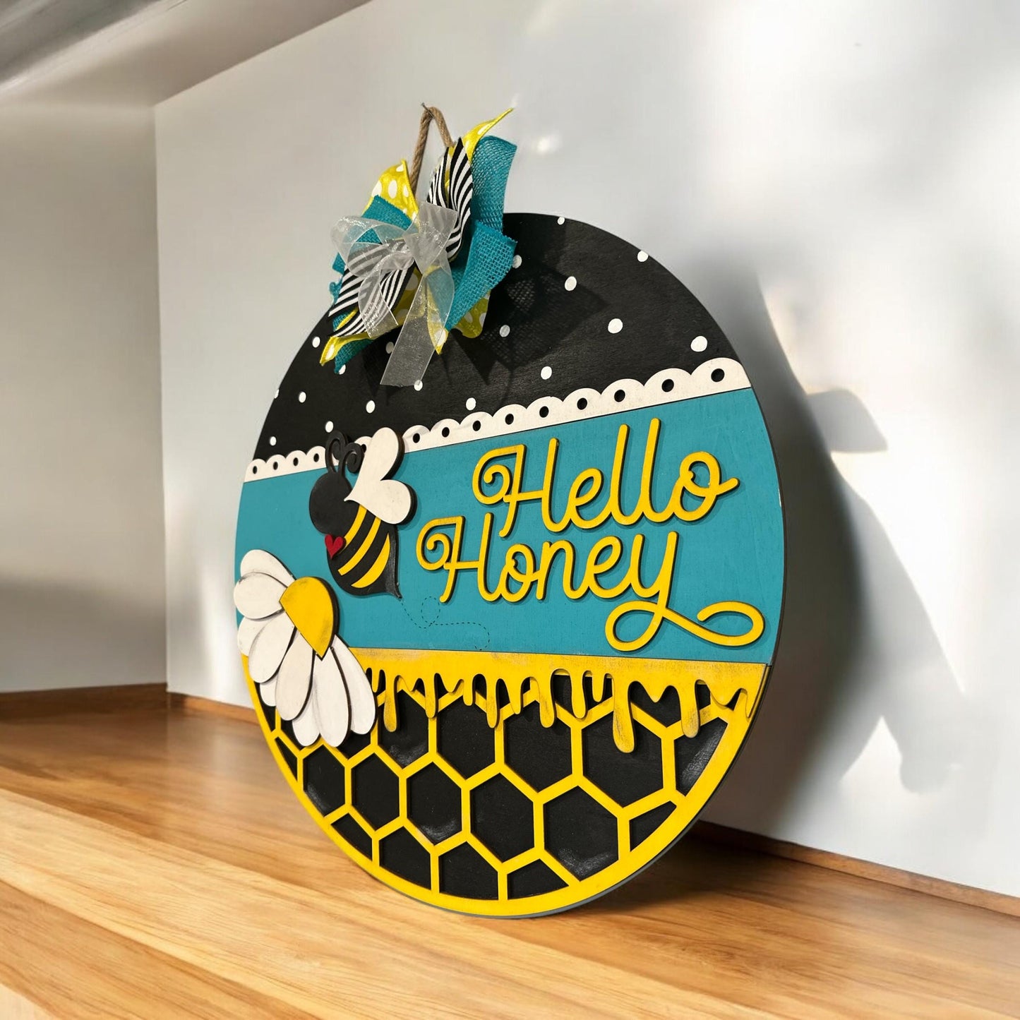 Hello Honey Bee Door Hanger: Spring Welcome Sign, 18"