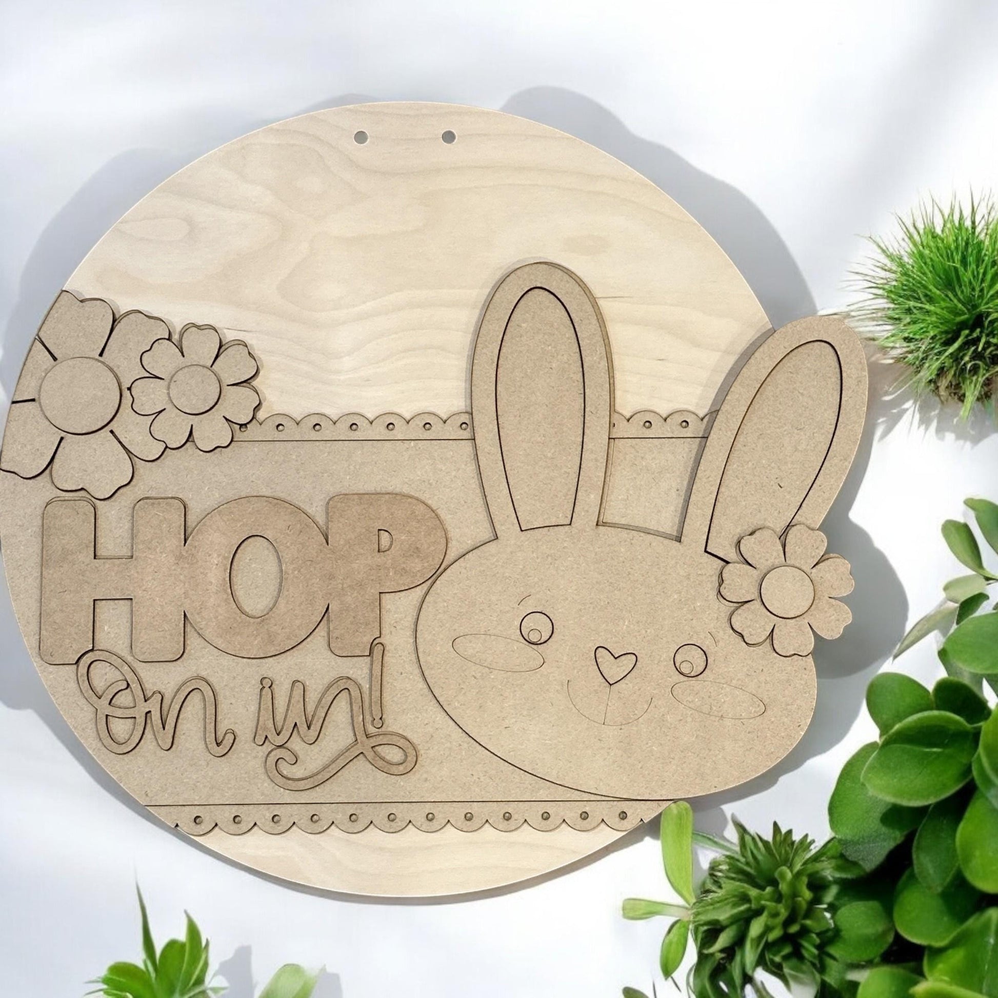 DIY Bunny Door Hanger: 3D Unfinished Spring Decor, Hop on in, Easter Bunny Door hanger, Paint Party
