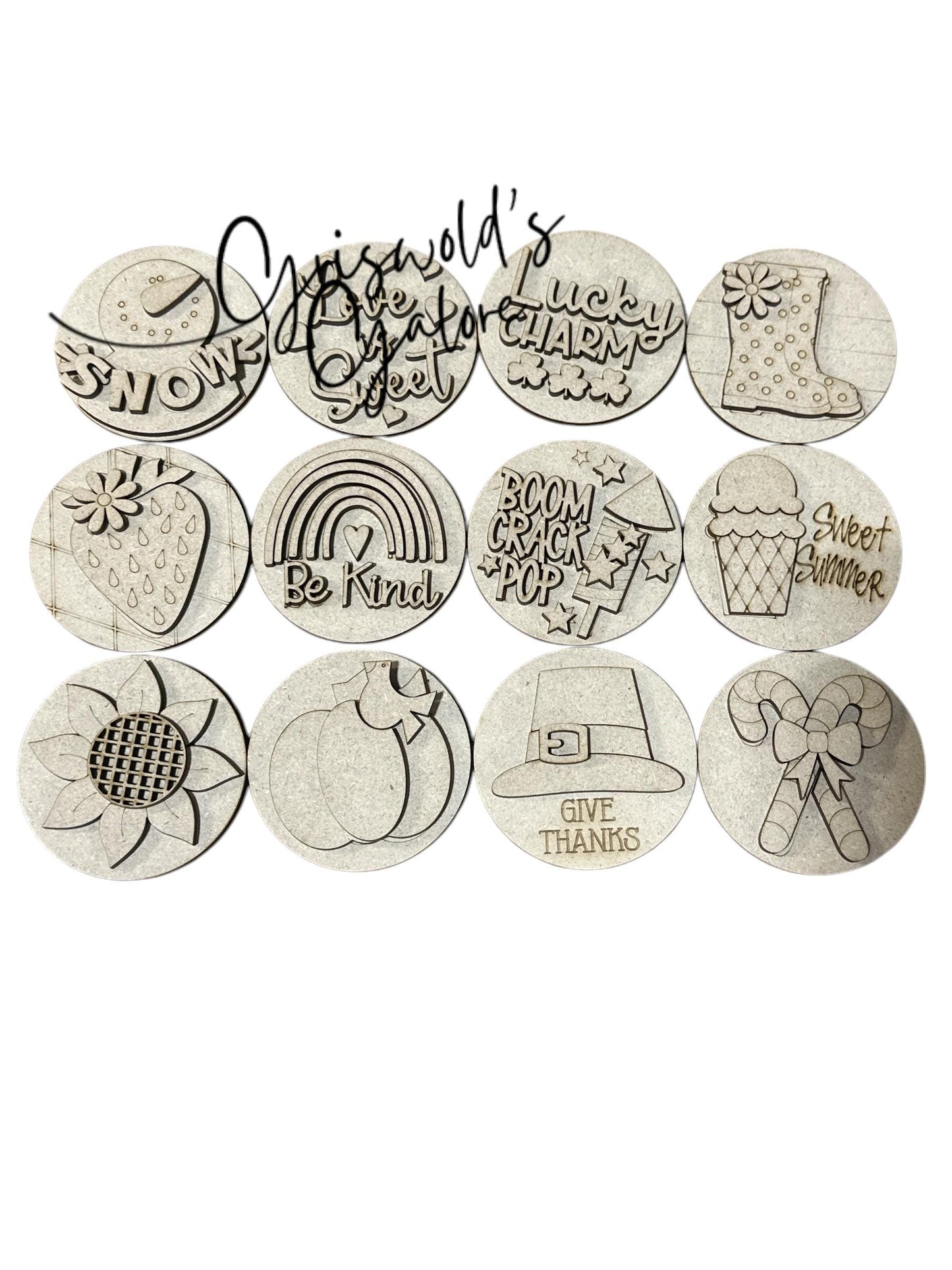 DIY Bundle 4 of Seasonal Round Sign DIY Kit: Unfinished Interchangeable Decor, DIY Seasonal Inserts for 3" or 6" rounds, Seasonal Inserts