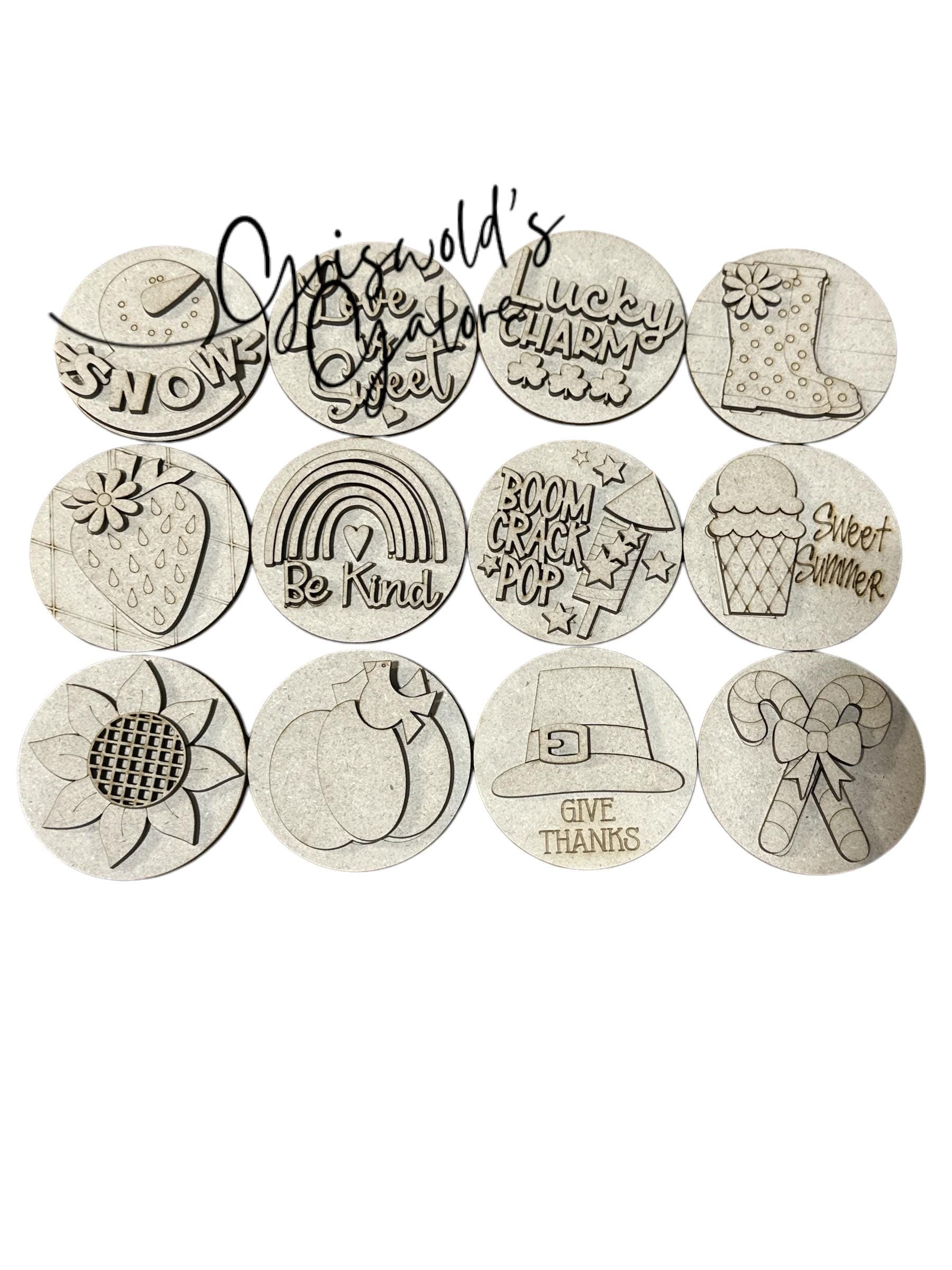 DIY Bundle 4 of Seasonal Round Sign DIY Kit: Unfinished Interchangeable Decor, DIY Seasonal Inserts for 3" or 6" rounds, Seasonal Inserts