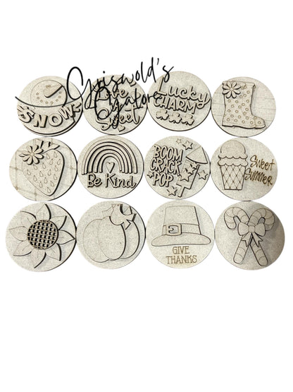 DIY Bundle 4 of Seasonal Round Sign DIY Kit: Unfinished Interchangeable Decor, DIY Seasonal Inserts for 3" or 6" rounds, Seasonal Inserts