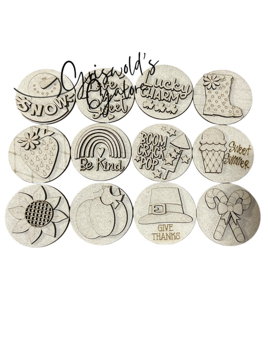 DIY Bundle 4 of Seasonal Round Sign DIY Kit: Unfinished Interchangeable Decor, DIY Seasonal Inserts for 3" or 6" rounds, Seasonal Inserts