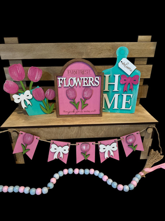 DIY Tulips Farm Fresh Flowers Bench Insert: Interchangeable Wooden Display, Unfinished Inserts