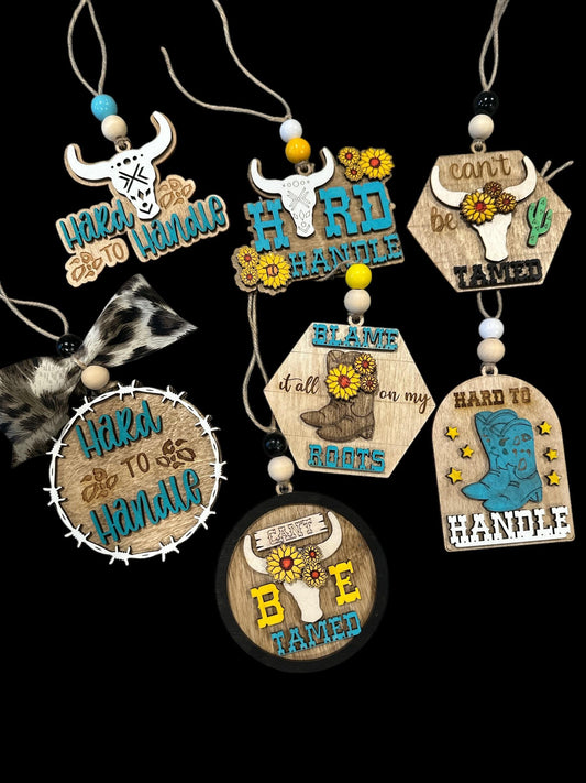 Western Car Charm: Boho Wooden Cactus & Boot Decor