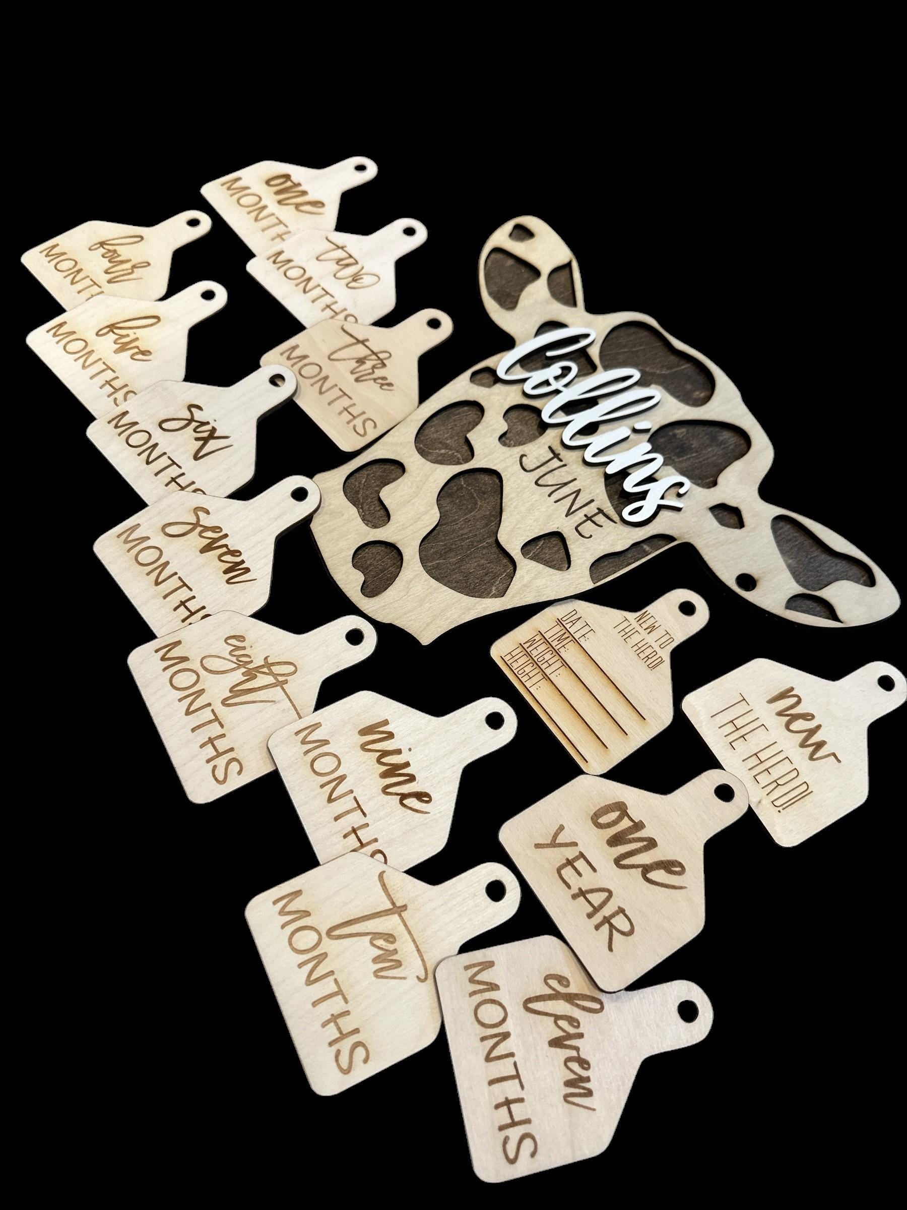 Cow Tag Baby Milestone Photo Props: Personalized Newborn Announcement, Milestones, Custom Gift, Personalized Name, Baby Gift
