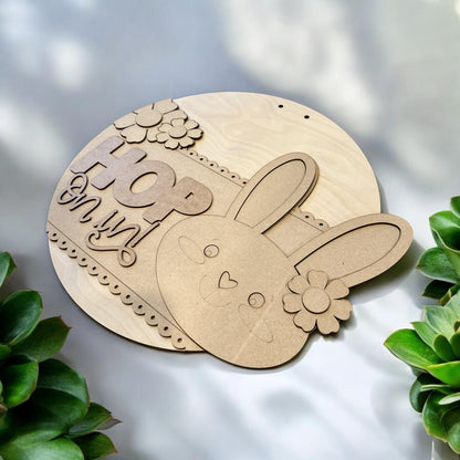 DIY Bunny Door Hanger: 3D Unfinished Spring Decor, Hop on in, Easter Bunny Door hanger, Paint Party