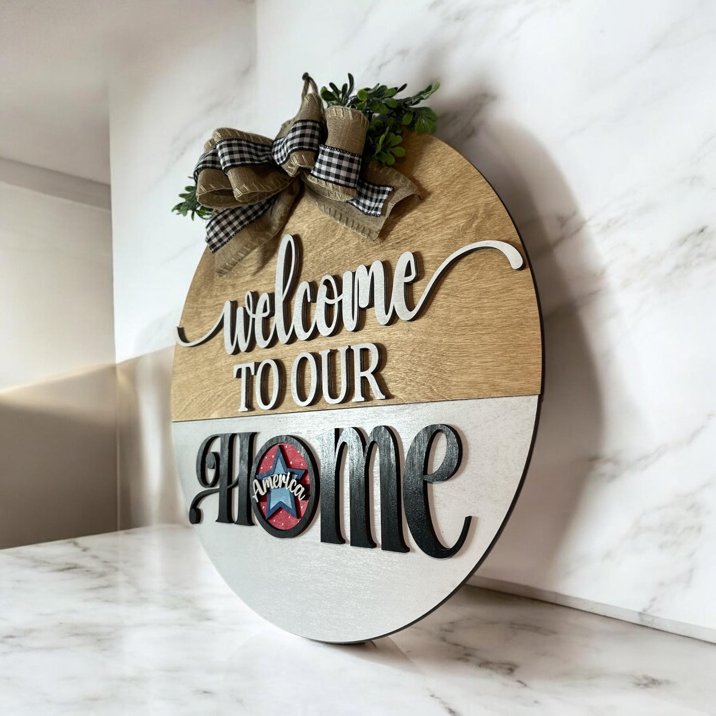 Welcome to our Home Sign ONLY: 18" Interchangeable Door Hanger for Rounds, Interchangeable Sign for 3" Rounds, Welcome to our Home Sign ONLY