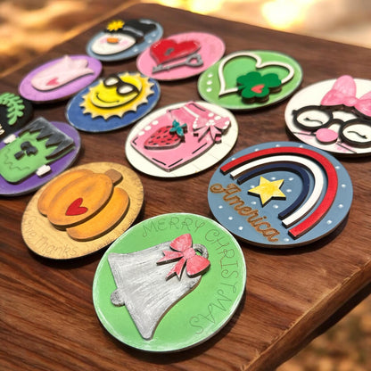Bundle 6 of 3" or 6" Seasonal Interchangeable Sign Rounds, Hand-Painted MDF Decor, Hand Painted Seasonal Inserts, Interchange Seasons