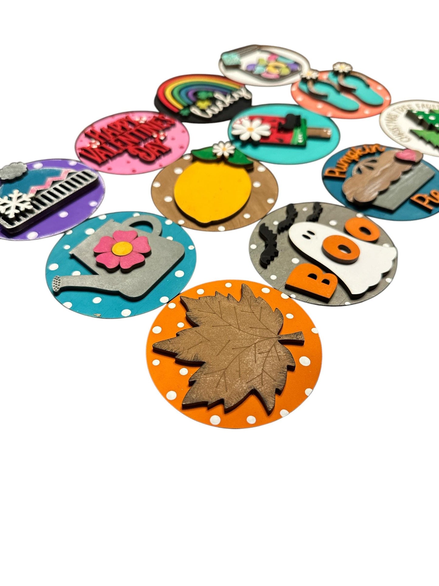 Bundle 5 of 3" or 6" Seasonal Interchangeable Sign Rounds, Hand-Painted MDF Decor, Hand Painted Seasonal Inserts, Interchange Seasons