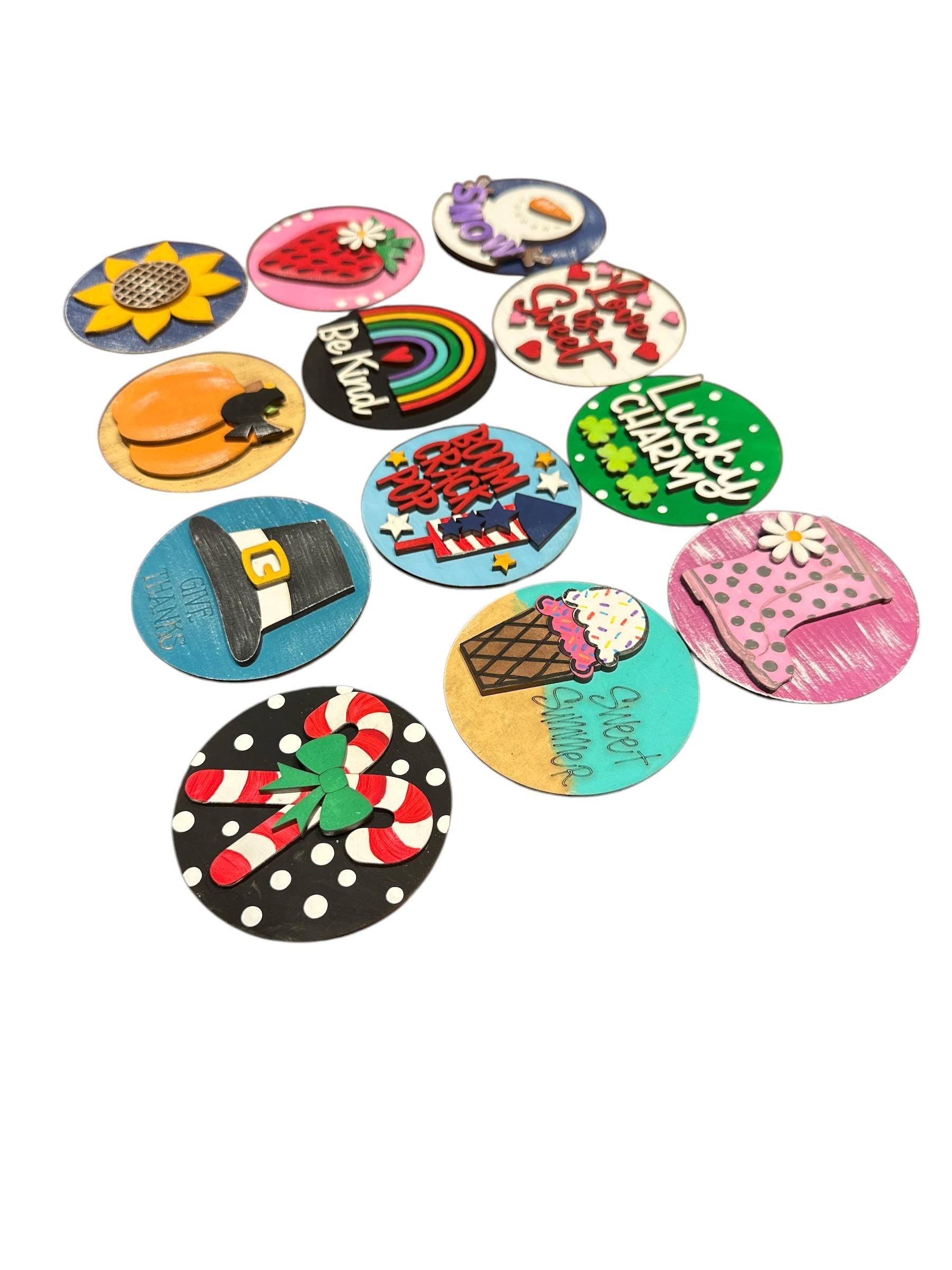 Bundle 4 of 3" or 6" Seasonal Interchangeable Sign Rounds, Hand-Painted MDF Decor, Hand Painted Seasonal Inserts, Interchange Seasons