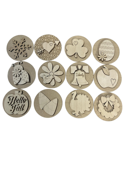 Bundle 1 of 3" Rounds, Seasonal Inserts, DIY Seasonal MDF Rounds: Interchangeable Magnetic Add-Ons, DIY paints your own, Seasonal