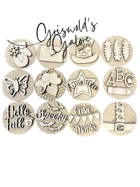 DIY Bundle 3 Seasonals, 3" or 6" rounds, DIY Seasonal Interchangeable Sign Rounds: DIY Craft Bundle, Craft Seasonal Inserts