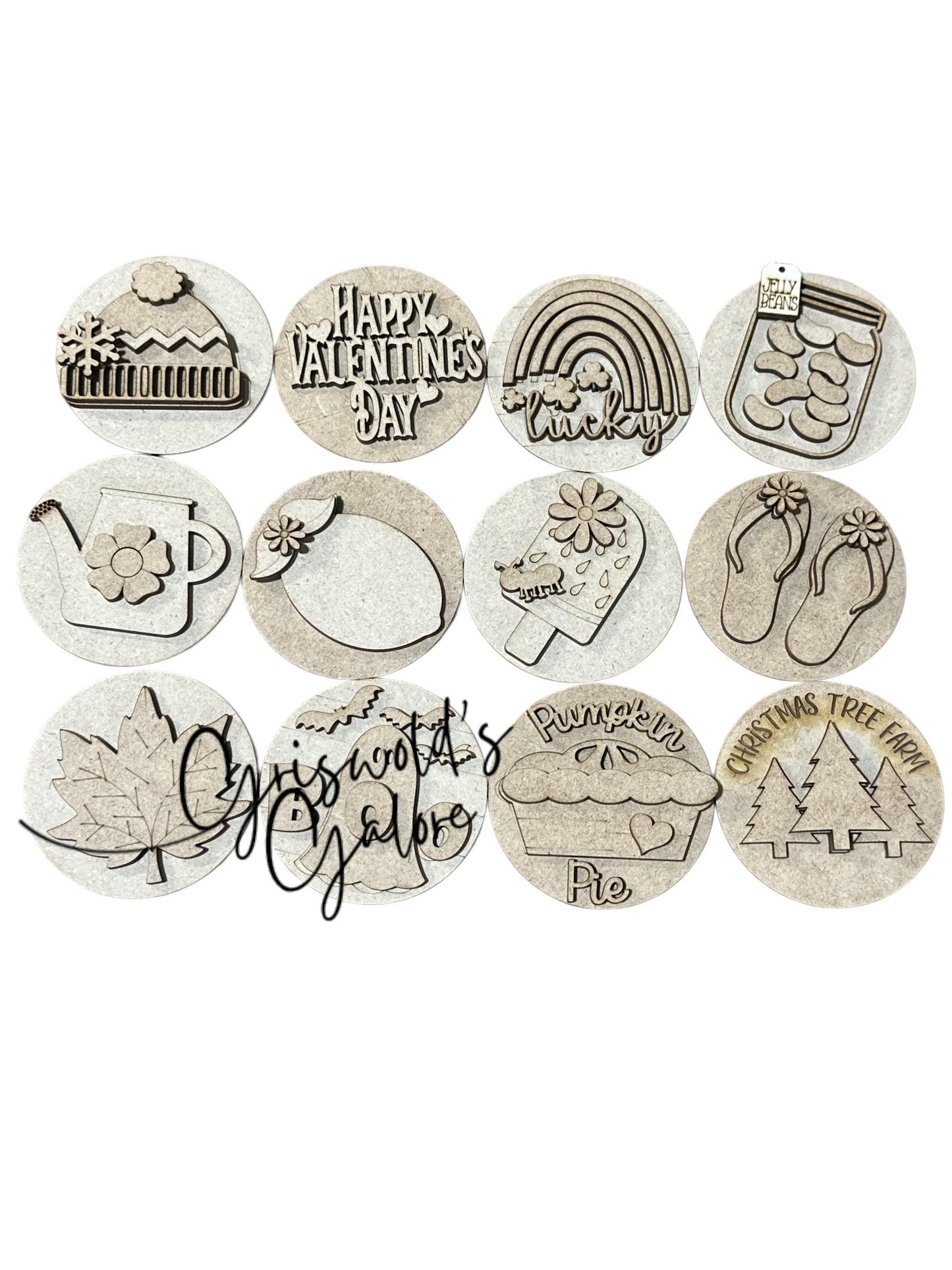 Bundle 5 for Seasonal Interchangeable Sign Rounds: DIY Craft Bundle (Unfinished), 3" or 6" rounds, Seasonal Inserts