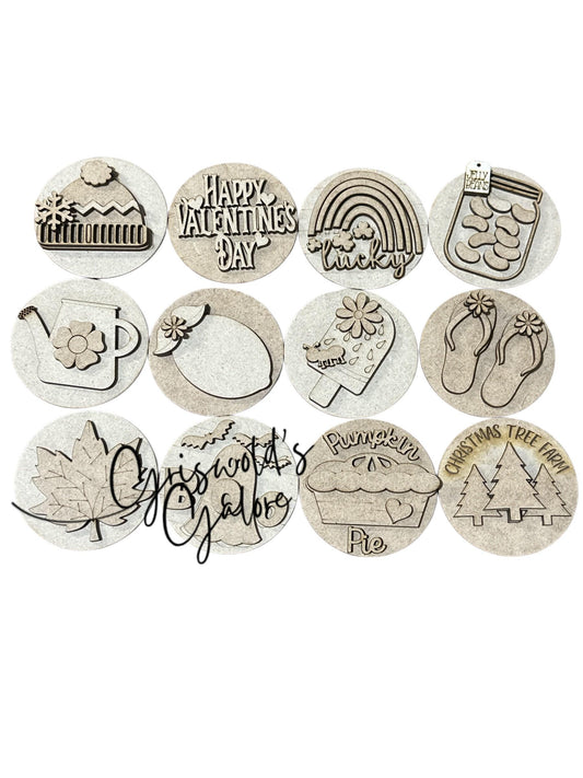 Bundle 5 for Seasonal Interchangeable Sign Rounds: DIY Craft Bundle (Unfinished), 3" or 6" rounds, Seasonal Inserts