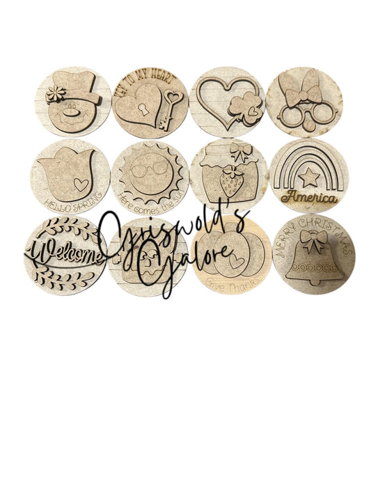 DIY Bundle 6 of 3" rounds, Seasonal Rounds DIY Bundle: Unfinished Interchangeable Sign Add-Ons, Seasonal Inserts for 3" or 6"