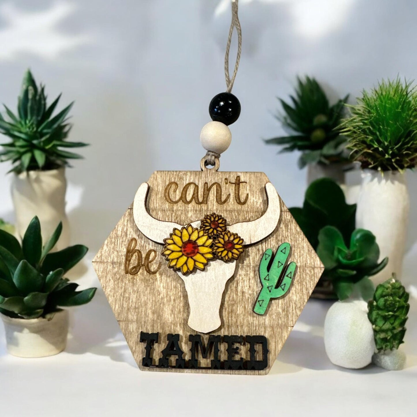 Western Car Charm: Boho Wooden Cactus & Boot Decor
