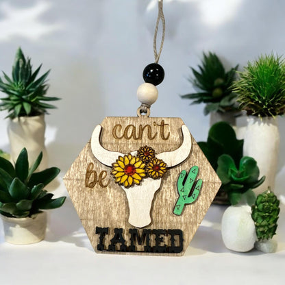 Western Car Charm: Boho Wooden Cactus & Boot Decor