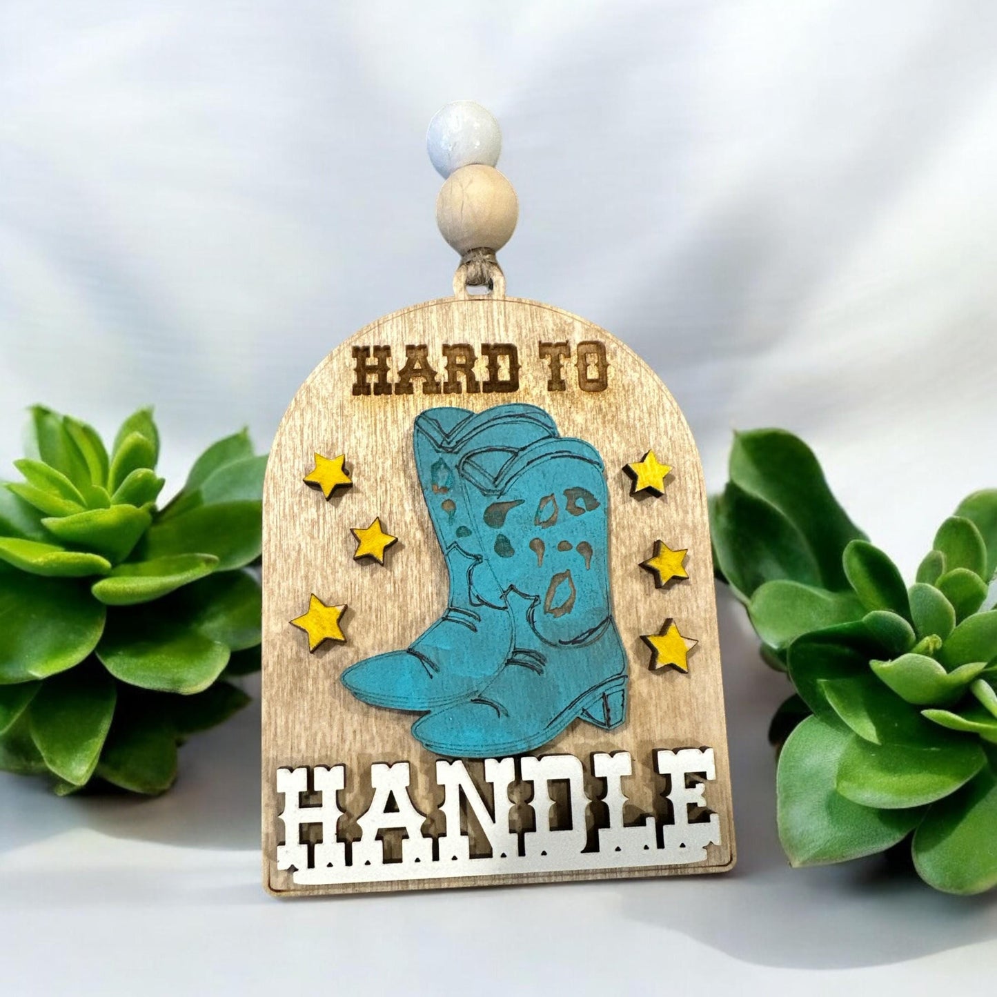 Western Car Charm: Boho Wooden Cactus & Boot Decor