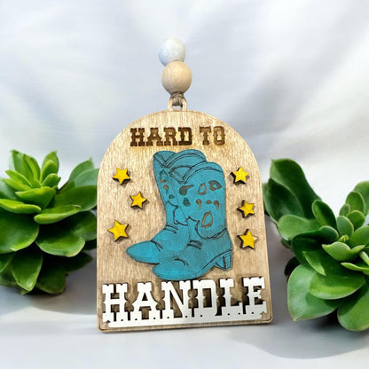 Western Car Charm: Boho Wooden Cactus & Boot Decor