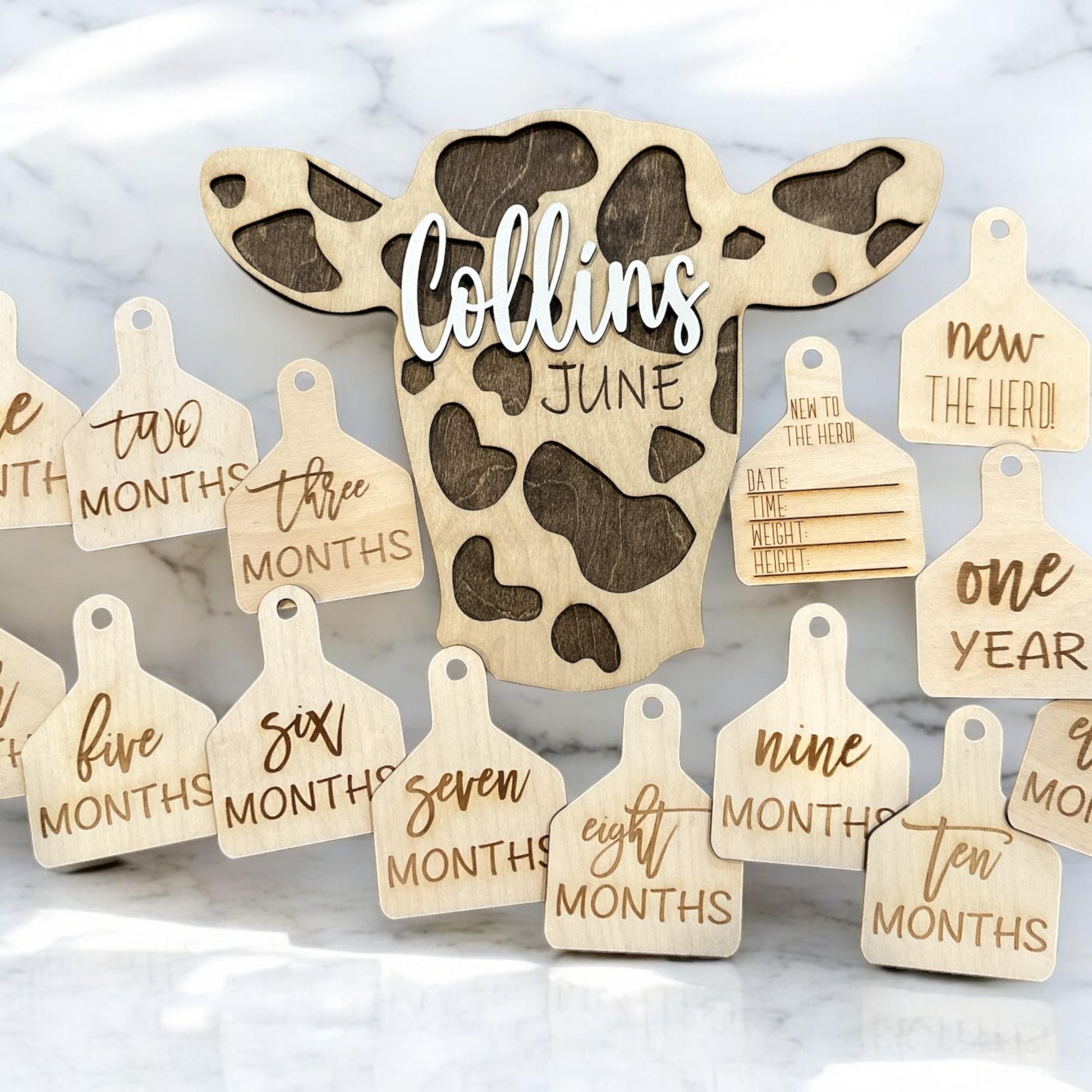 Cow Tag Baby Milestone Photo Props: Personalized Newborn Announcement, Milestones, Custom Gift, Personalized Name, Baby Gift