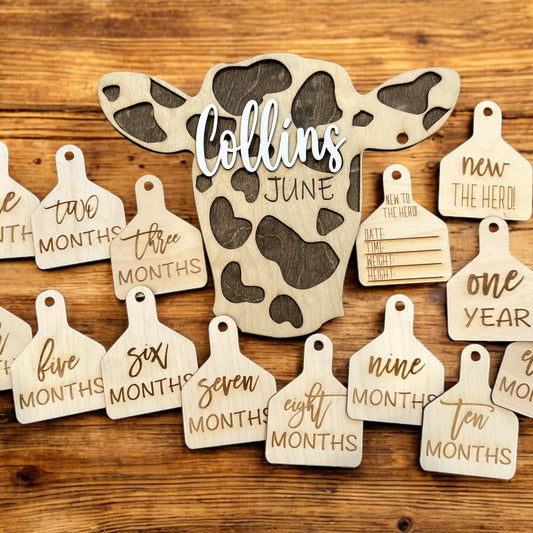 Cow Tag Baby Milestone Photo Props: Personalized Newborn Announcement, Milestones, Custom Gift, Personalized Name, Baby Gift