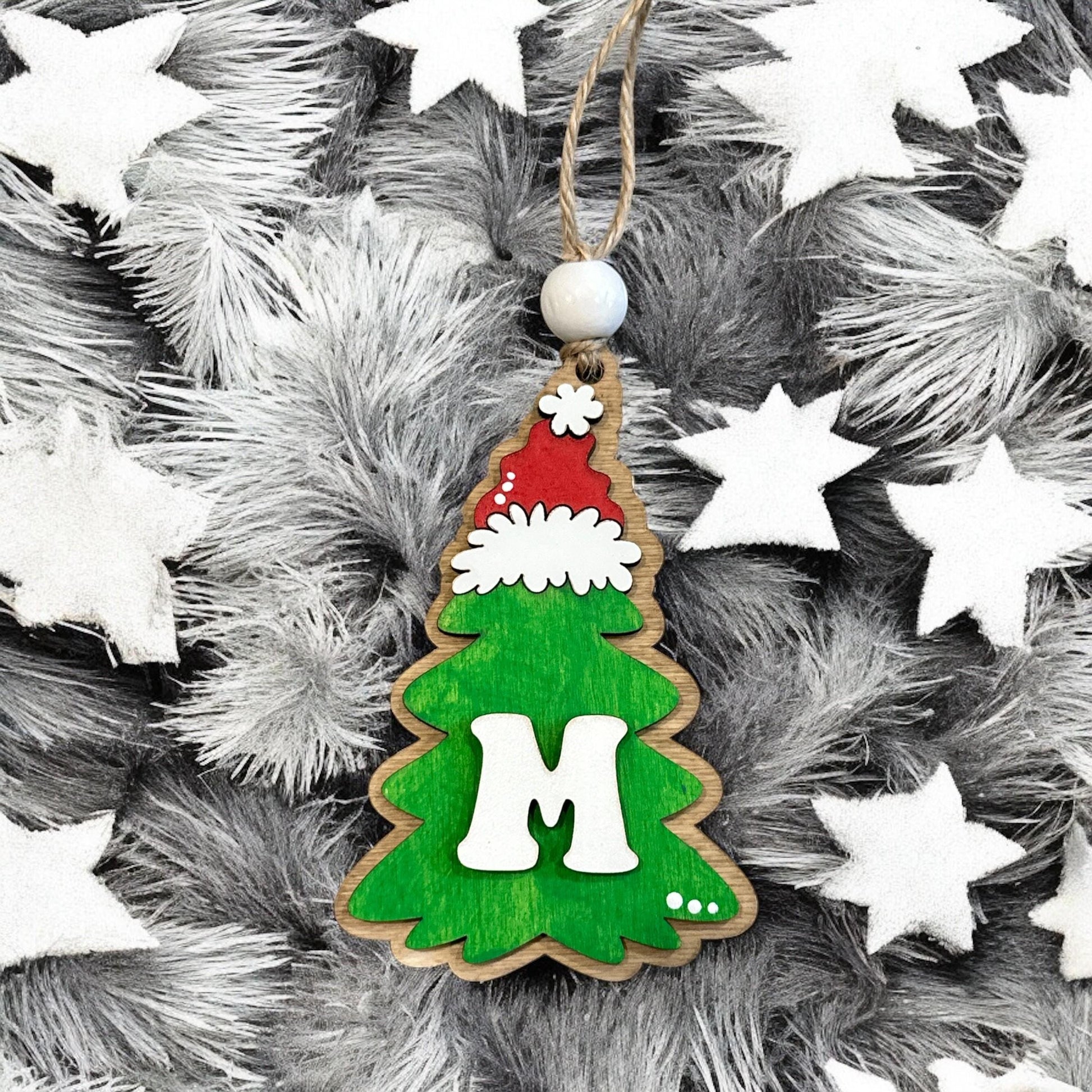 Personalized Wood Christmas Tree Ornament: Initial, Name, and Year