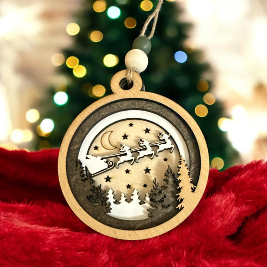 Christmas in Heaven Ornament: Rustic Wooden Santa Sleigh, 4-Layer Birch