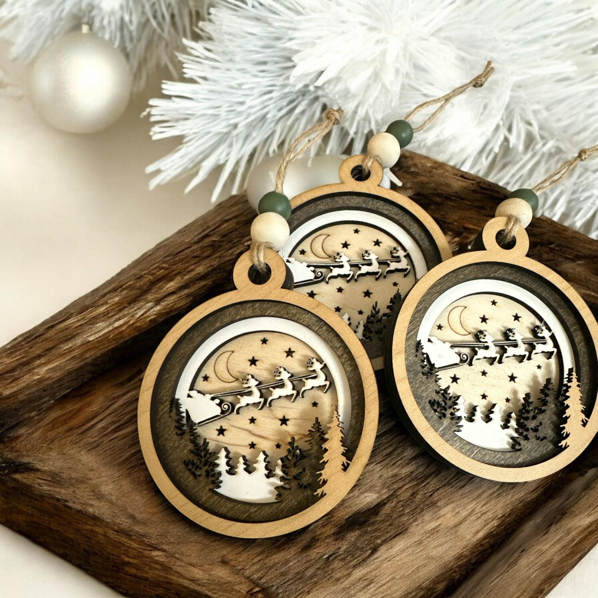 Christmas in Heaven Ornament: Rustic Wooden Santa Sleigh, 4-Layer Birch