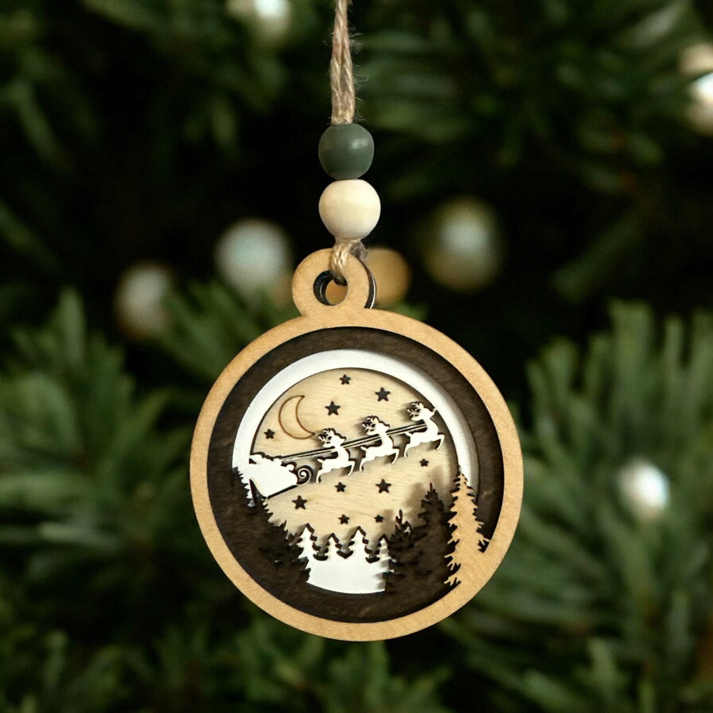 Christmas in Heaven Ornament: Rustic Wooden Santa Sleigh, 4-Layer Birch