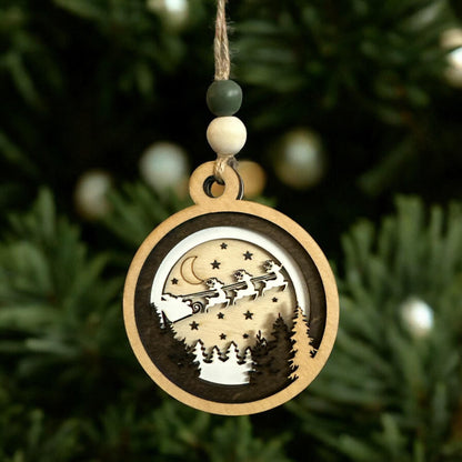 Christmas in Heaven Ornament: Rustic Wooden Santa Sleigh, 4-Layer Birch