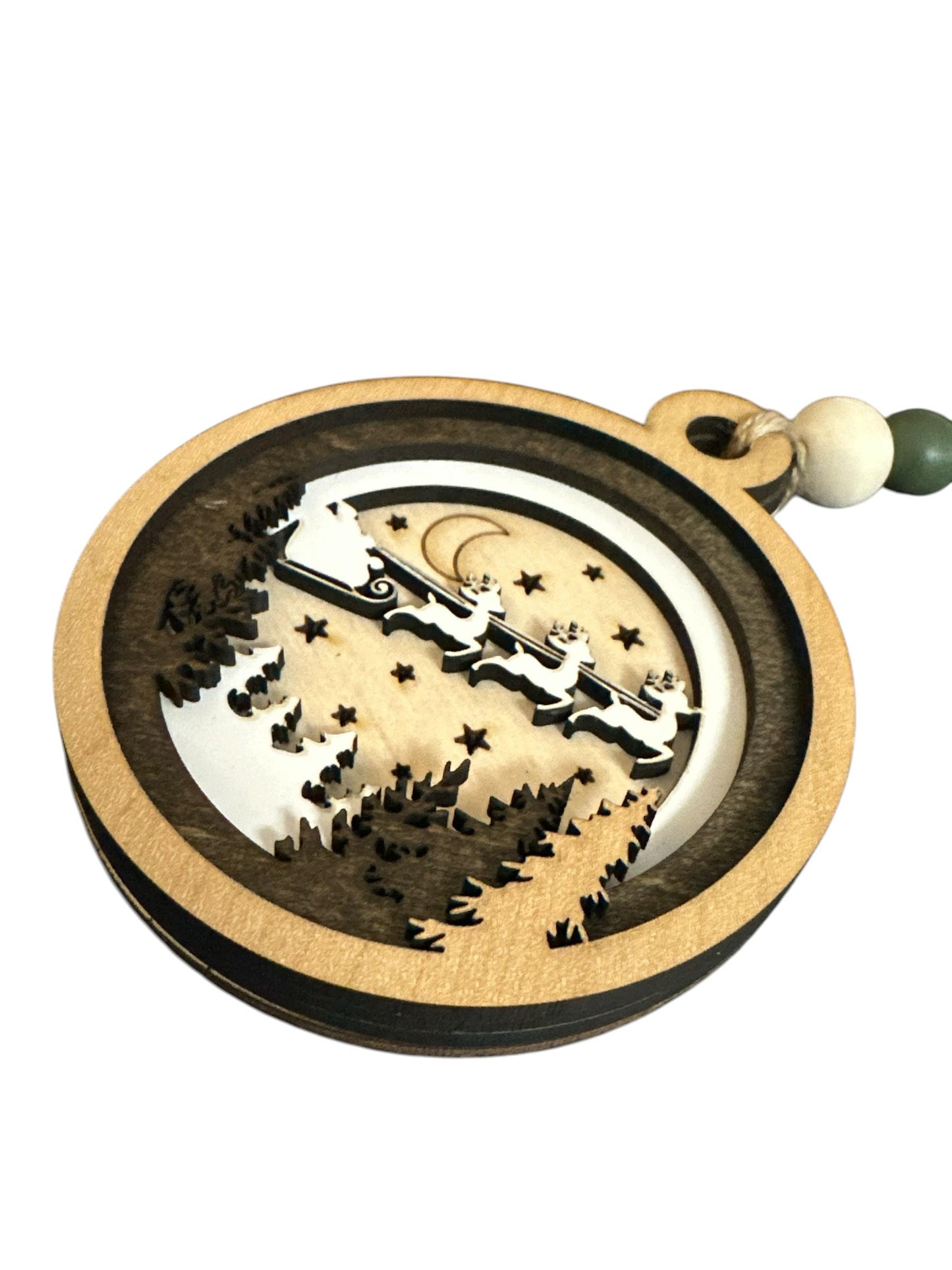 Christmas in Heaven Ornament: Rustic Wooden Santa Sleigh, 4-Layer Birch