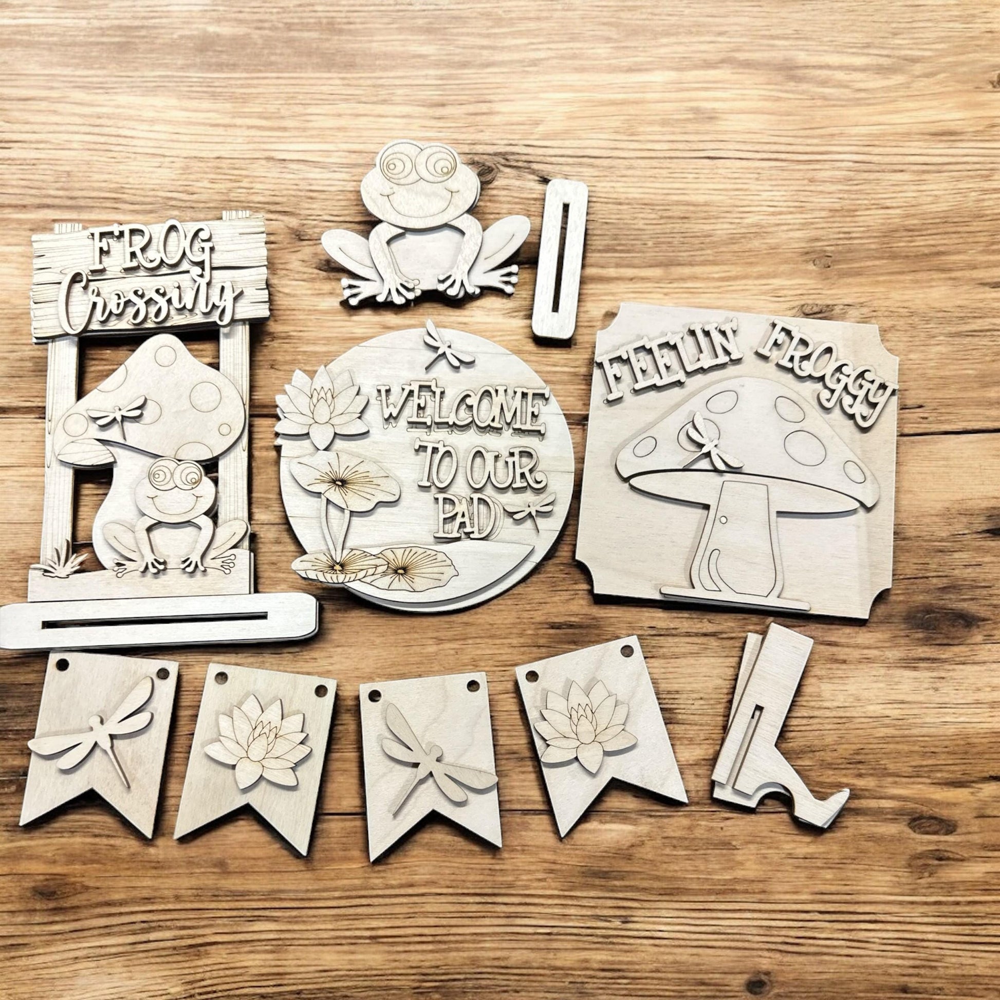 DIY Frog & Mushroom Tiered Tray: Unfinished Wood Farmhouse Decor