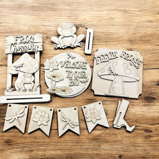 DIY Frog & Mushroom Tiered Tray: Unfinished Wood Farmhouse Decor