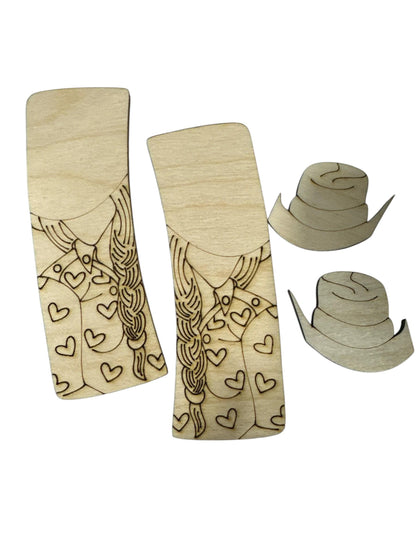 Western DIY Wood Laser Blank Hair Clip Pieces, Unfinished Western Clip, Wood is Ready to Paint, Laser Cut Boots with Hat, Claw Clip, DIY
