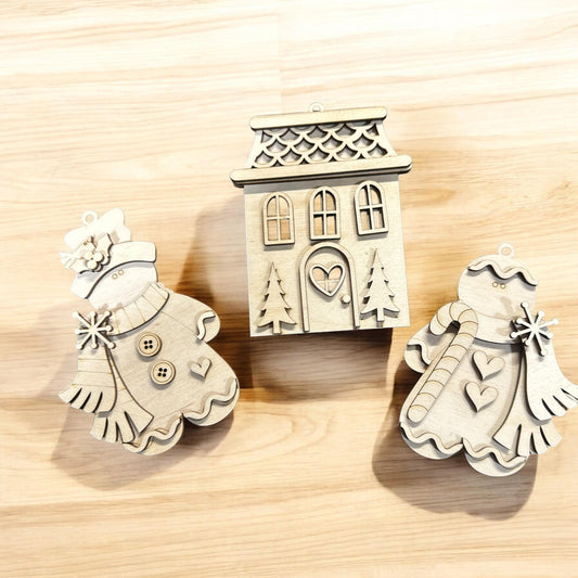 DIY Christmas Ornament Kit, Unfinished Wood Snowman & Gingerbread House, Snowman Ornament, Gingerbread House, Snowman Scarfs DIY