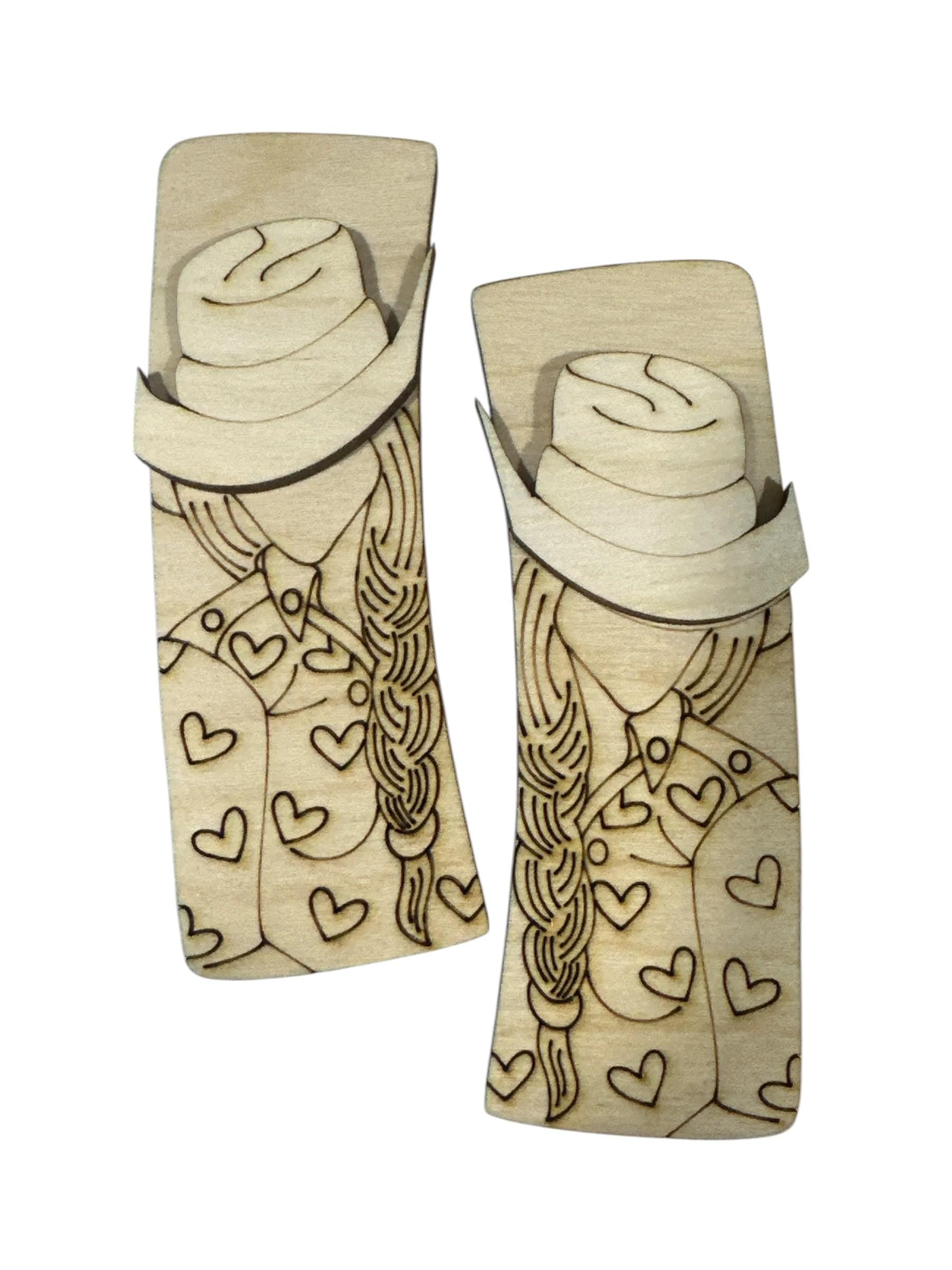 Western DIY Wood Laser Blank Hair Clip Pieces, Unfinished Western Clip, Wood is Ready to Paint, Laser Cut Boots with Hat, Claw Clip, DIY