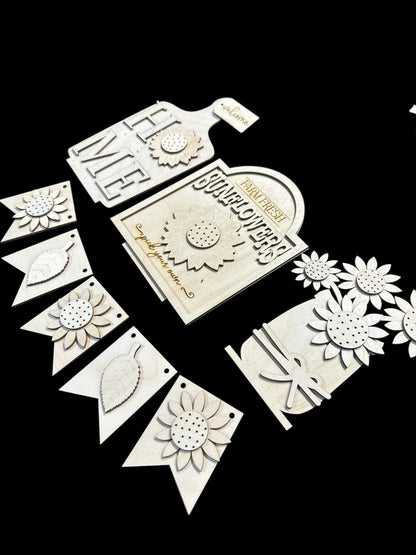 DIY Unfinished Wood Tiered Tray Interchangeable: Farmhouse Sunflower Decor, Interchangable Seasons
