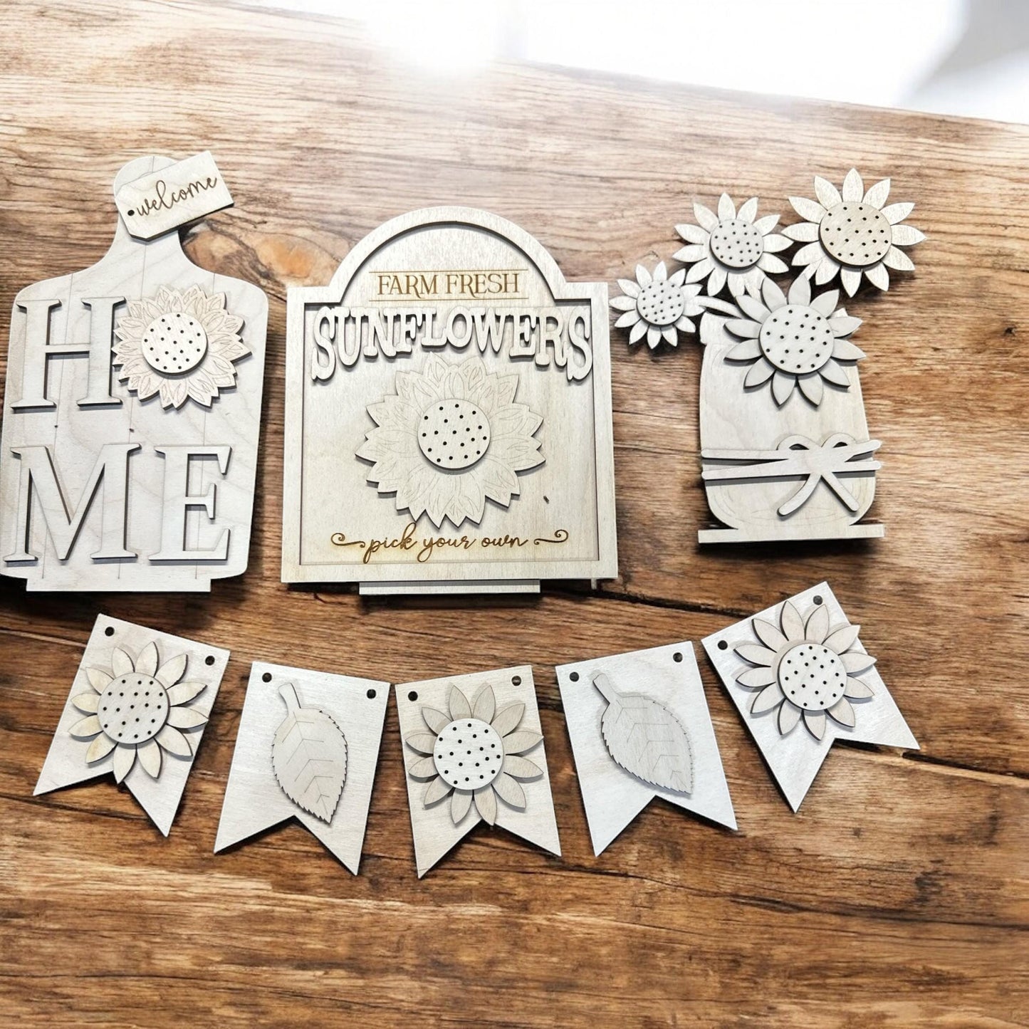 DIY Unfinished Wood Tiered Tray Interchangeable: Farmhouse Sunflower Decor, Interchangable Seasons