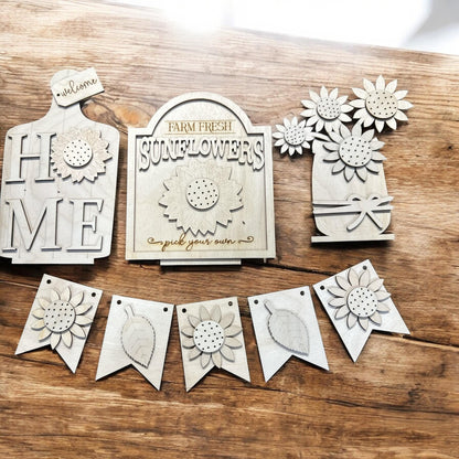 DIY Unfinished Wood Tiered Tray Interchangeable: Farmhouse Sunflower Decor, Interchangable Seasons