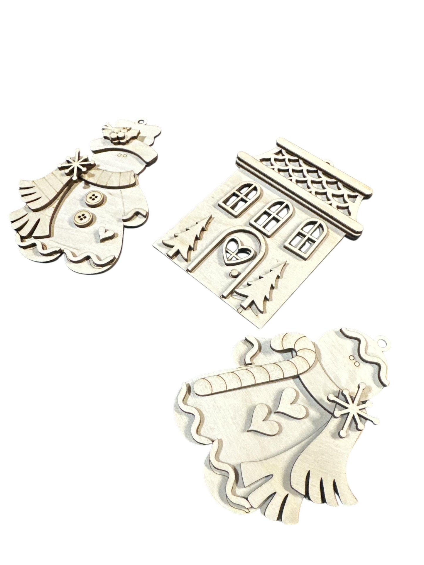 DIY Christmas Ornament Kit, Unfinished Wood Snowman & Gingerbread House, Snowman Ornament, Gingerbread House, Snowman Scarfs DIY