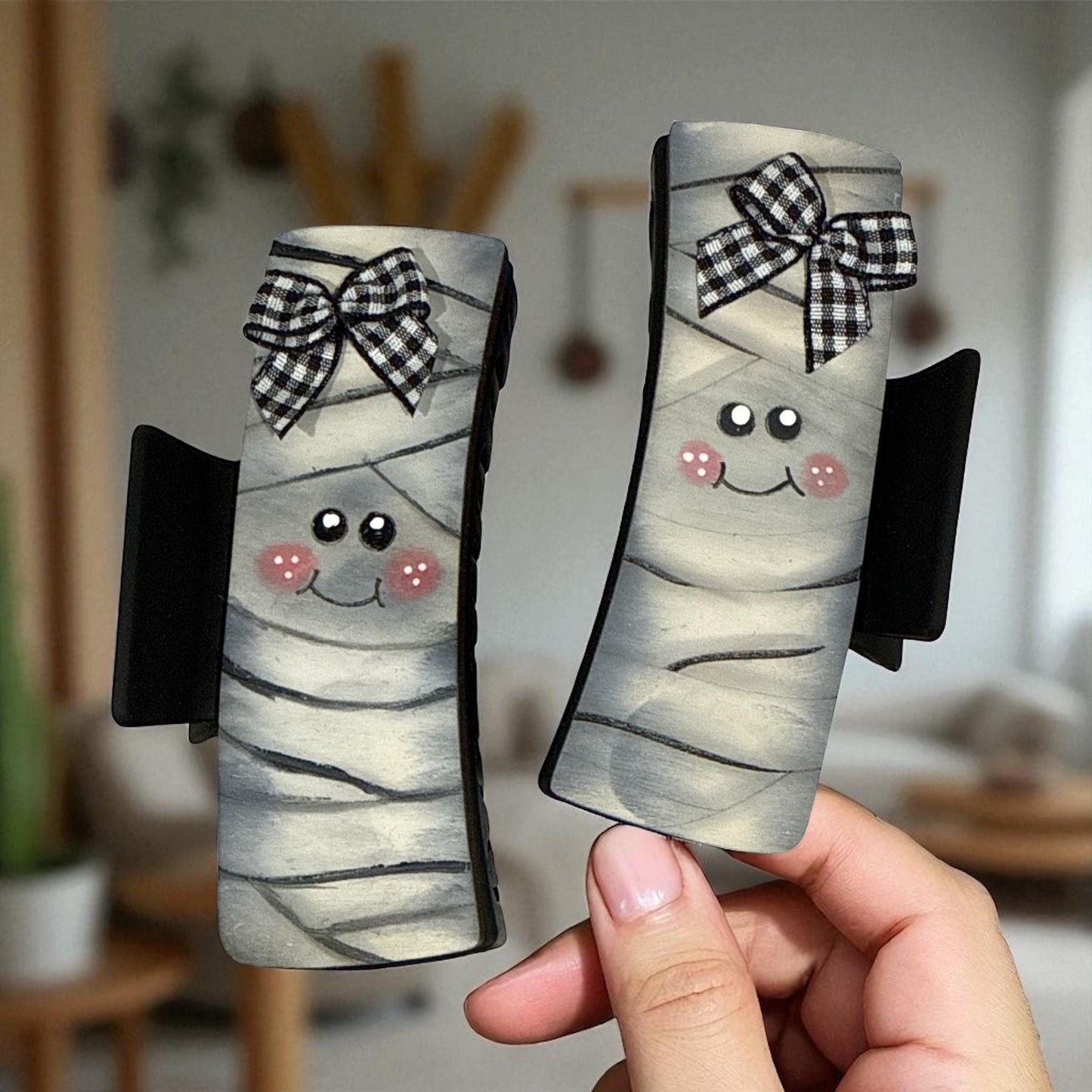 Mummy Ghost DIY Wood Laser Blank Hair Clip Pieces, Wooden Hair Clip, Wood is Ready to Paint, Laser Cut Claw Clip, Unfinished, 2" and 4"