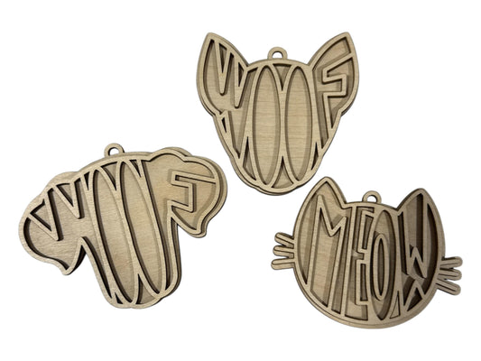 DIY Wood Dog & Cat Ornament, Dog Ornament, Dog Silhouette, 'Woof' Silhouette Char, Dog Charm Unfinished, Dog Pointy Ear, Dog Ear, Cat Woof